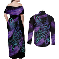 In September We Wear Teal And Purple Couples Matching Off Shoulder Maxi Dress and Long Sleeve Button Shirt Magic Ribbon Semicolon