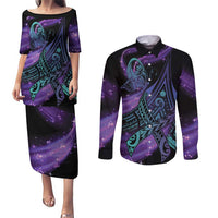 In September We Wear Teal And Purple Couples Matching Puletasi and Long Sleeve Button Shirt Magic Ribbon Semicolon