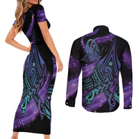 In September We Wear Teal And Purple Couples Matching Short Sleeve Bodycon Dress and Long Sleeve Button Shirt Magic Ribbon Semicolon