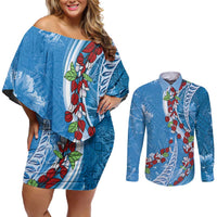 Fiji Tagimaucia Floral Couples Matching Off Shoulder Short Dress and Long Sleeve Button Shirt Tapa Pattern