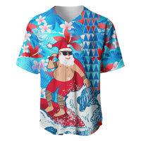 Hawaii Christmas Baseball Jersey Santa Claus Surfing Kakau Tropical Style LT01 Blue - Polynesian Pride