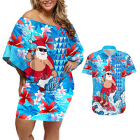 Hawaii Christmas Couples Matching Off Shoulder Short Dress and Hawaiian Shirt Santa Claus Surfing Kakau Tropical Style LT01 Blue - Polynesian Pride