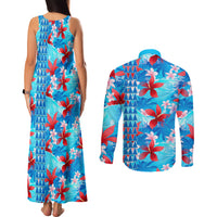 Hawaii Christmas Couples Matching Tank Maxi Dress and Long Sleeve Button Shirt Santa Claus Surfing Kakau Tropical Style LT01 - Polynesian Pride