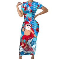 Hawaii Christmas Family Matching Short Sleeve Bodycon Dress and Hawaiian Shirt Santa Claus Surfing Kakau Tropical Style LT01 Mom's Dress Blue - Polynesian Pride