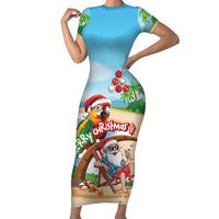 Personalized Hawaii Santa Parrot Christmas Family Matching Short Sleeve Bodycon Dress and Hawaiian Shirt Summer Vibe LT01 Mom's Dress Blue - Polynesian Pride
