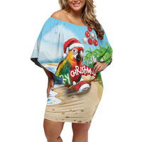 Personalized Hawaii Santa Parrot Christmas Off Shoulder Short Dress Summer Vibe LT01 Women Blue - Polynesian Pride