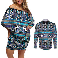 Maori Matariki Couples Matching Off Shoulder Short Dress and Long Sleeve Button Shirt Blue Galaxy Aesthetic Koru Art LT01 Blue - Polynesian Pride