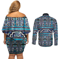 Maori Matariki Couples Matching Off Shoulder Short Dress and Long Sleeve Button Shirt Blue Galaxy Aesthetic Koru Art LT01 - Polynesian Pride