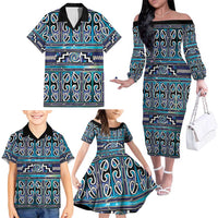 Maori Matariki Family Matching Off The Shoulder Long Sleeve Dress and Hawaiian Shirt Blue Galaxy Aesthetic Koru Art