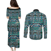 Maori Matariki Couples Matching Puletasi and Long Sleeve Button Shirt Green Galaxy Aesthetic Koru Art