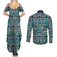 Maori Matariki Couples Matching Summer Maxi Dress and Long Sleeve Button Shirt Green Galaxy Aesthetic Koru Art