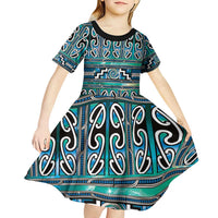 Maori Matariki Kid Short Sleeve Dress Green Galaxy Aesthetic Koru Art