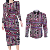 Maori Matariki Couples Matching Long Sleeve Bodycon Dress and Long Sleeve Button Shirt Pink Galaxy Aesthetic Koru Art