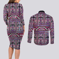 Maori Matariki Couples Matching Long Sleeve Bodycon Dress and Long Sleeve Button Shirt Pink Galaxy Aesthetic Koru Art