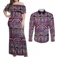 Maori Matariki Couples Matching Off Shoulder Maxi Dress and Long Sleeve Button Shirt Pink Galaxy Aesthetic Koru Art LT01 Pink - Polynesian Pride