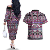 Maori Matariki Couples Matching Off The Shoulder Long Sleeve Dress and Hawaiian Shirt Pink Galaxy Aesthetic Koru Art