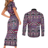 Maori Matariki Couples Matching Short Sleeve Bodycon Dress and Long Sleeve Button Shirt Pink Galaxy Aesthetic Koru Art