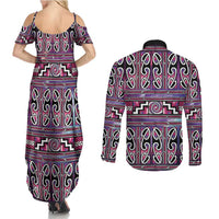 Maori Matariki Couples Matching Summer Maxi Dress and Long Sleeve Button Shirt Pink Galaxy Aesthetic Koru Art