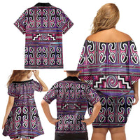 Maori Matariki Family Matching Off Shoulder Short Dress and Hawaiian Shirt Pink Galaxy Aesthetic Koru Art LT01 - Polynesian Pride