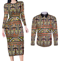 Maori Matariki Couples Matching Long Sleeve Bodycon Dress and Long Sleeve Button Shirt Yellow Galaxy Aesthetic Koru Art