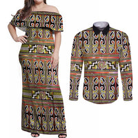Maori Matariki Couples Matching Off Shoulder Maxi Dress and Long Sleeve Button Shirt Yellow Galaxy Aesthetic Koru Art