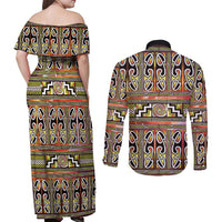 Maori Matariki Couples Matching Off Shoulder Maxi Dress and Long Sleeve Button Shirt Yellow Galaxy Aesthetic Koru Art