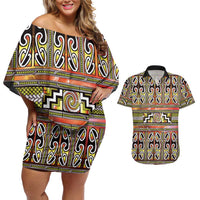 Maori Matariki Couples Matching Off Shoulder Short Dress and Hawaiian Shirt Yellow Galaxy Aesthetic Koru Art