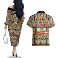Maori Matariki Couples Matching Off The Shoulder Long Sleeve Dress and Hawaiian Shirt Yellow Galaxy Aesthetic Koru Art