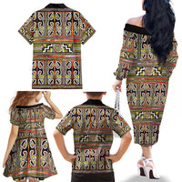 Maori Matariki Family Matching Off The Shoulder Long Sleeve Dress and Hawaiian Shirt Yellow Galaxy Aesthetic Koru Art