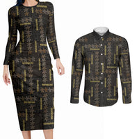 Hawaii Brown Plumeria Lei Black Couples Matching Long Sleeve Bodycon Dress and Long Sleeve Button Shirt Frangipani Floral Heritage Art LT01 Black - Polynesian Pride