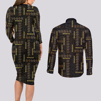 Hawaii Brown Plumeria Lei Black Couples Matching Long Sleeve Bodycon Dress and Long Sleeve Button Shirt Frangipani Floral Heritage Art LT01 - Polynesian Pride