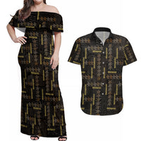 Hawaii Brown Plumeria Lei Black Couples Matching Off Shoulder Maxi Dress and Hawaiian Shirt Frangipani Floral Heritage Art LT01 Black - Polynesian Pride