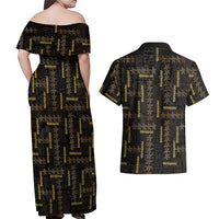 Hawaii Brown Plumeria Lei Black Couples Matching Off Shoulder Maxi Dress and Hawaiian Shirt Frangipani Floral Heritage Art LT01 - Polynesian Pride