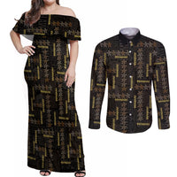 Hawaii Brown Plumeria Lei Black Couples Matching Off Shoulder Maxi Dress and Long Sleeve Button Shirt Frangipani Floral Heritage Art LT01 Black - Polynesian Pride