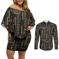 Hawaii Brown Plumeria Lei Black Couples Matching Off Shoulder Short Dress and Long Sleeve Button Shirt Frangipani Floral Heritage Art LT01 Black - Polynesian Pride