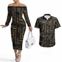 Hawaii Brown Plumeria Lei Black Couples Matching Off The Shoulder Long Sleeve Dress and Hawaiian Shirt Frangipani Floral Heritage Art LT01 Black - Polynesian Pride