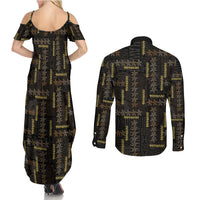 Hawaii Brown Plumeria Lei Black Couples Matching Summer Maxi Dress and Long Sleeve Button Shirt Frangipani Floral Heritage Art LT01 - Polynesian Pride