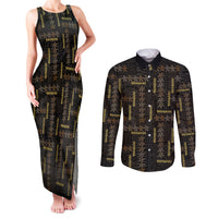Hawaii Brown Plumeria Lei Black Couples Matching Tank Maxi Dress and Long Sleeve Button Shirt Frangipani Floral Heritage Art LT01 Black - Polynesian Pride