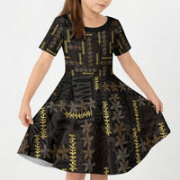 Hawaii Brown Plumeria Lei Black Kid Short Sleeve Dress Frangipani Floral Heritage Art LT01 KID Black - Polynesian Pride