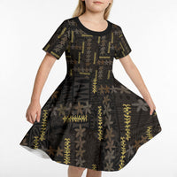 Hawaii Brown Plumeria Lei Black Kid Short Sleeve Dress Frangipani Floral Heritage Art LT01 - Polynesian Pride
