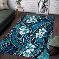Polynesian Hibiscus Tropical Blue Floral Area Rug Tribal Pattern - Polynesian Pride