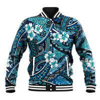 Polynesian Hibiscus Tropical Blue Floral Baseball Jacket Tribal Pattern - Polynesian Pride