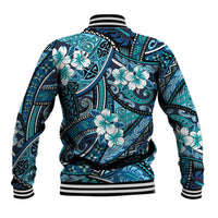 Polynesian Hibiscus Tropical Blue Floral Baseball Jacket Tribal Pattern - Polynesian Pride