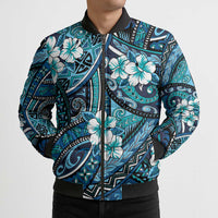 Polynesian Hibiscus Tropical Blue Floral Bomber Puffer Jacket Tribal Pattern - Polynesian Pride