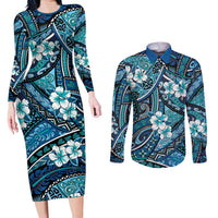 Polynesian Hibiscus Tropical Blue Floral Couples Matching Long Sleeve Bodycon Dress and Long Sleeve Button Shirt Tribal Pattern - Polynesian Pride