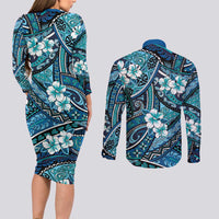 Polynesian Hibiscus Tropical Blue Floral Couples Matching Long Sleeve Bodycon Dress and Long Sleeve Button Shirt Tribal Pattern - Polynesian Pride
