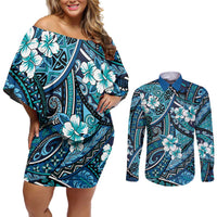 Polynesian Hibiscus Tropical Blue Floral Couples Matching Off Shoulder Short Dress and Long Sleeve Button Shirt Tribal Pattern - Polynesian Pride