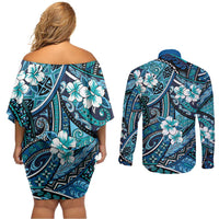 Polynesian Hibiscus Tropical Blue Floral Couples Matching Off Shoulder Short Dress and Long Sleeve Button Shirt Tribal Pattern - Polynesian Pride