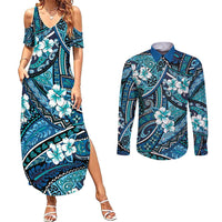 Polynesian Hibiscus Tropical Blue Floral Couples Matching Summer Maxi Dress and Long Sleeve Button Shirt Tribal Pattern - Polynesian Pride
