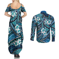 Polynesian Hibiscus Tropical Blue Floral Couples Matching Summer Maxi Dress and Long Sleeve Button Shirt Tribal Pattern - Polynesian Pride